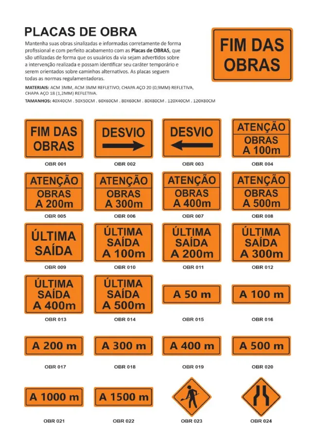 Modelos de placas de obra e orientação do catálogo Art Flex