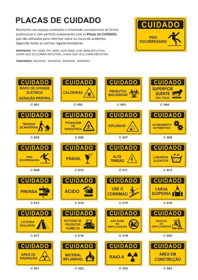 Placas de aviso, cuidado e segurança