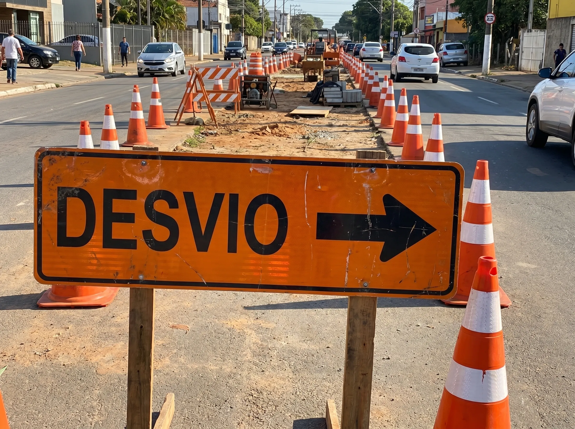 Placa de trânsito e desvio instalada em obra