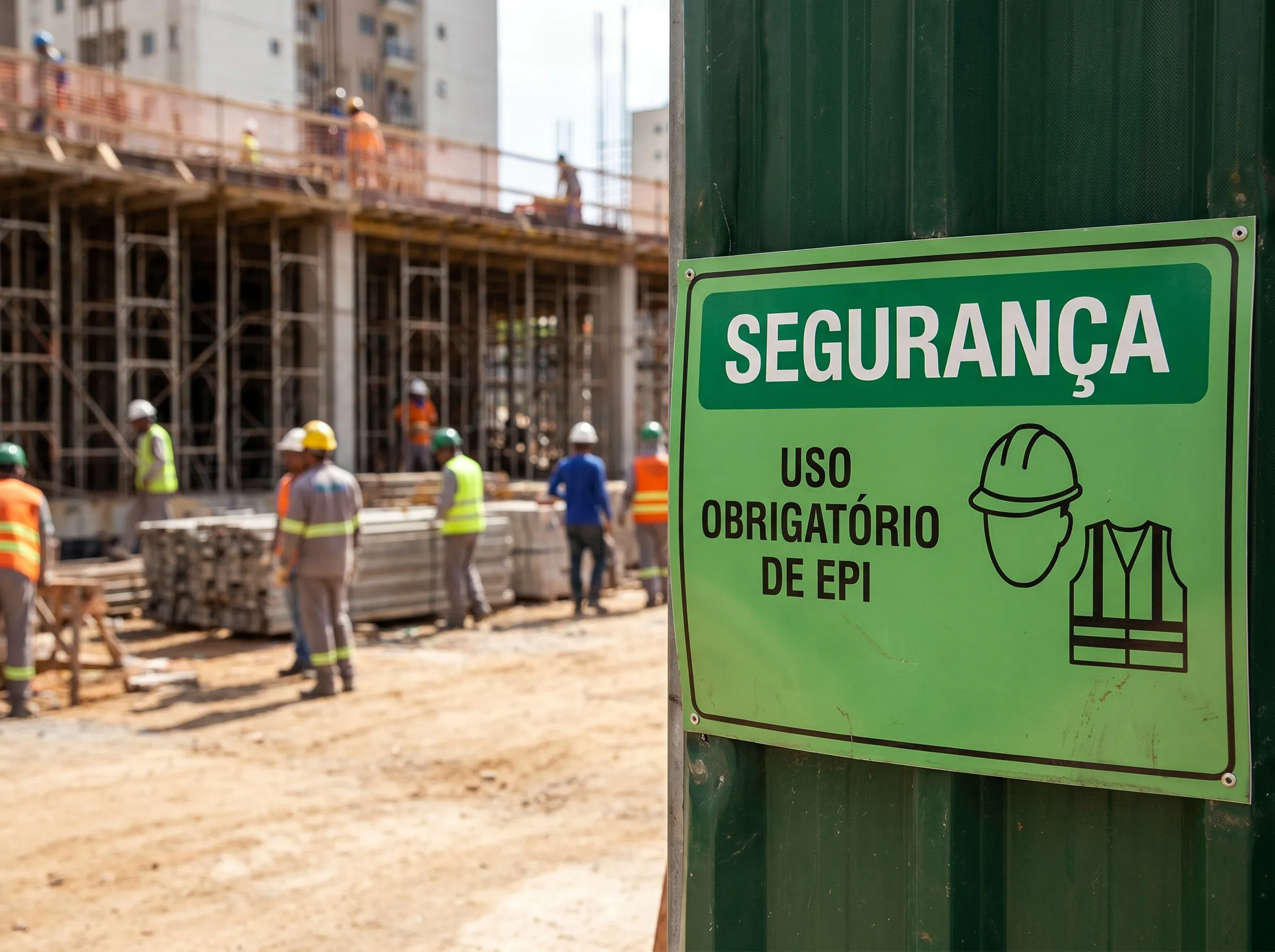 Placa de segurança de EPI obrigatório na entrada do canteiro