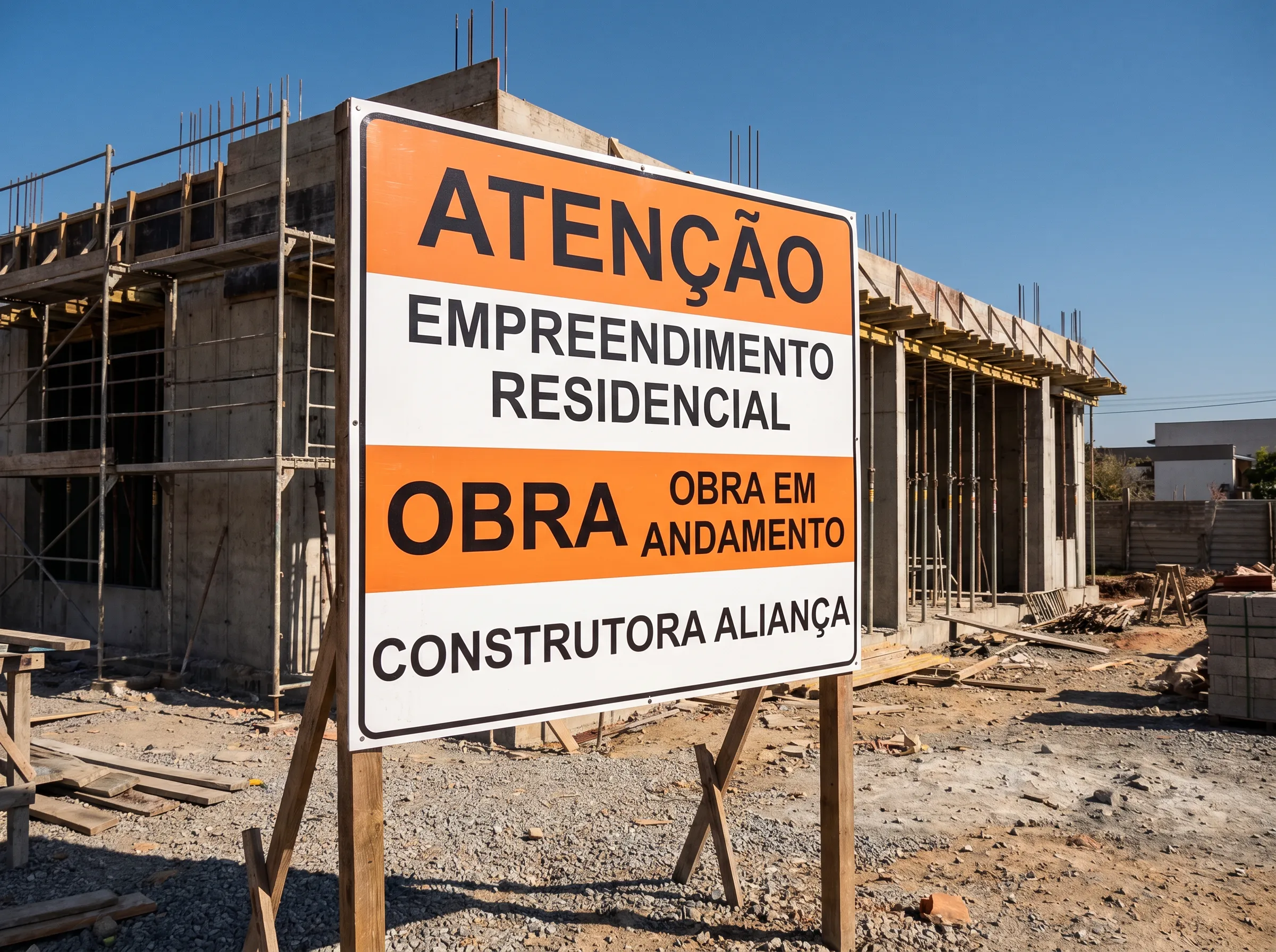 Placa de identificação de obra instalada em canteiro
