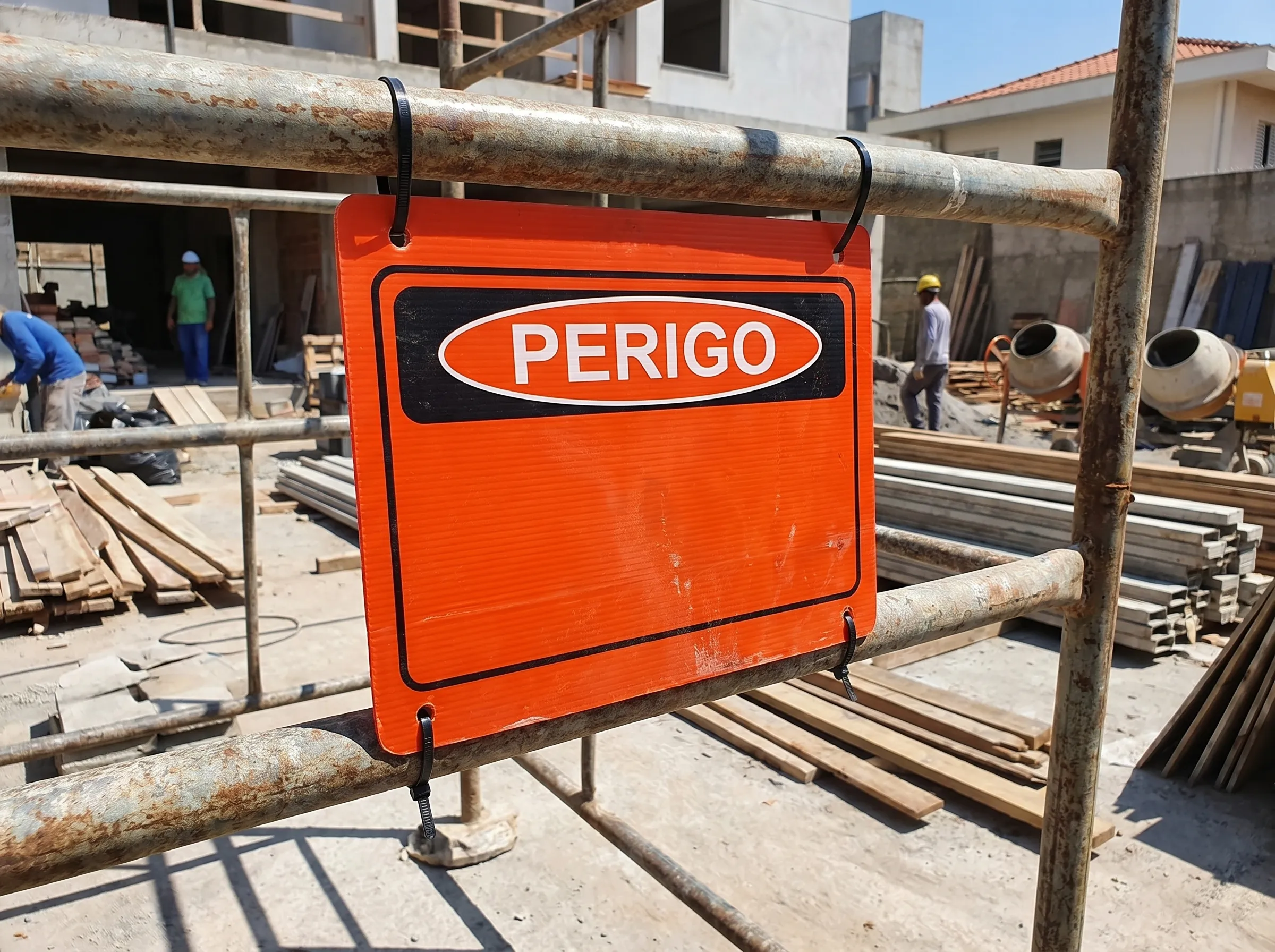 Placa de perigo instalada em andaime de obra ao ar livre