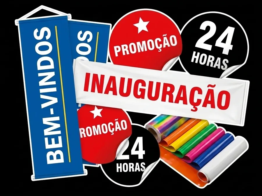 Adesivos, banners e faixas para empresas: bem-vindos, inauguração, promoção e 24 horas