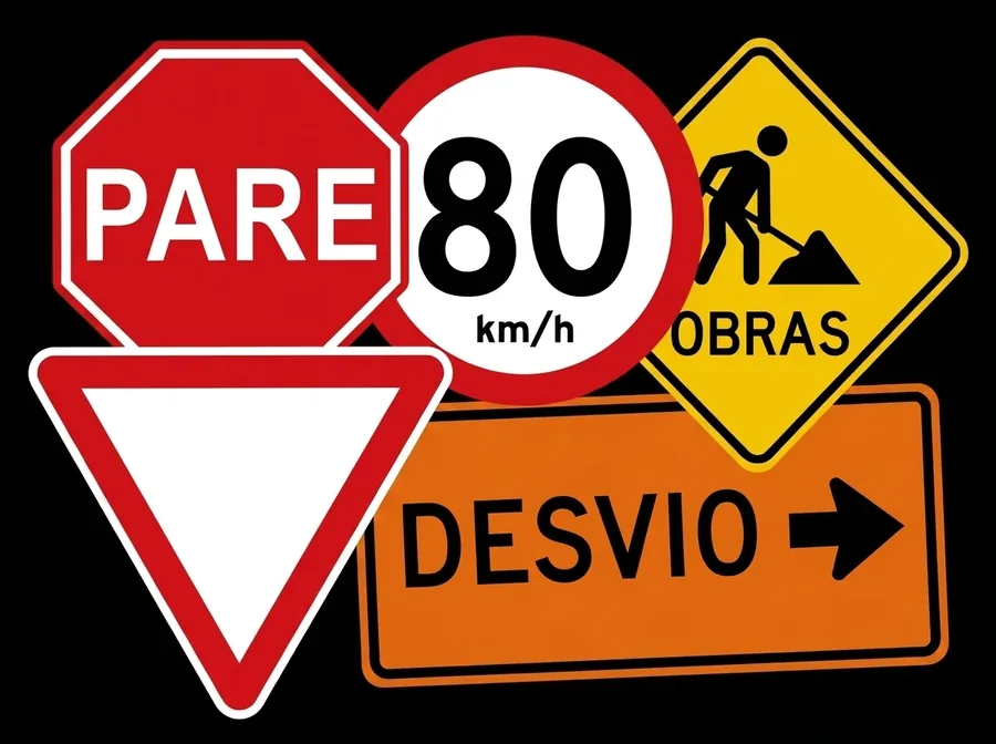 Placas de trânsito e obras: PARE, velocidade máxima 80 km/h, dê a preferência, obras e desvio