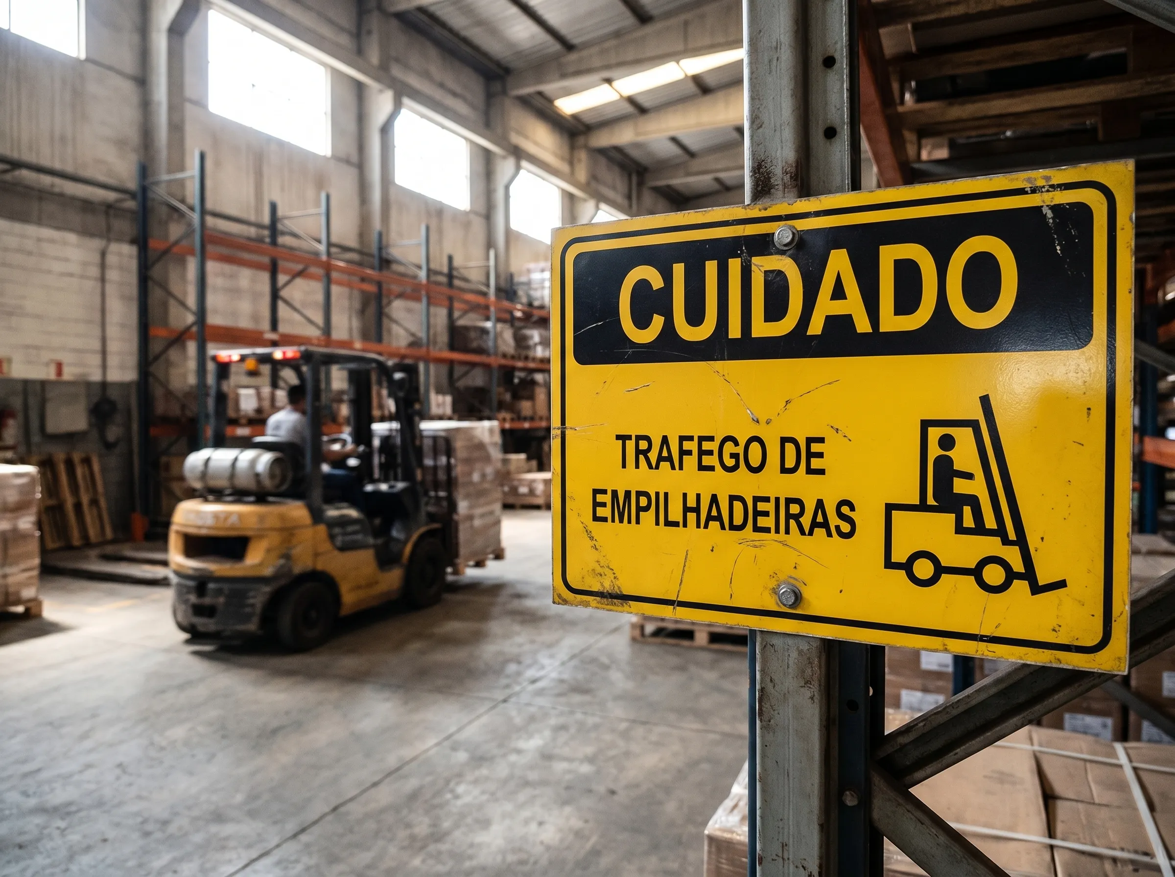 Placa de segurança CUIDADO de tráfego de empilhadeiras instalada na indústria