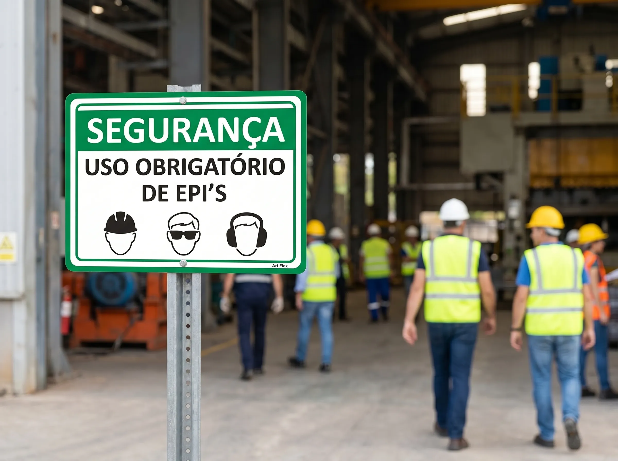 Placa verde de segurança de uso obrigatório de EPIs na entrada da indústria