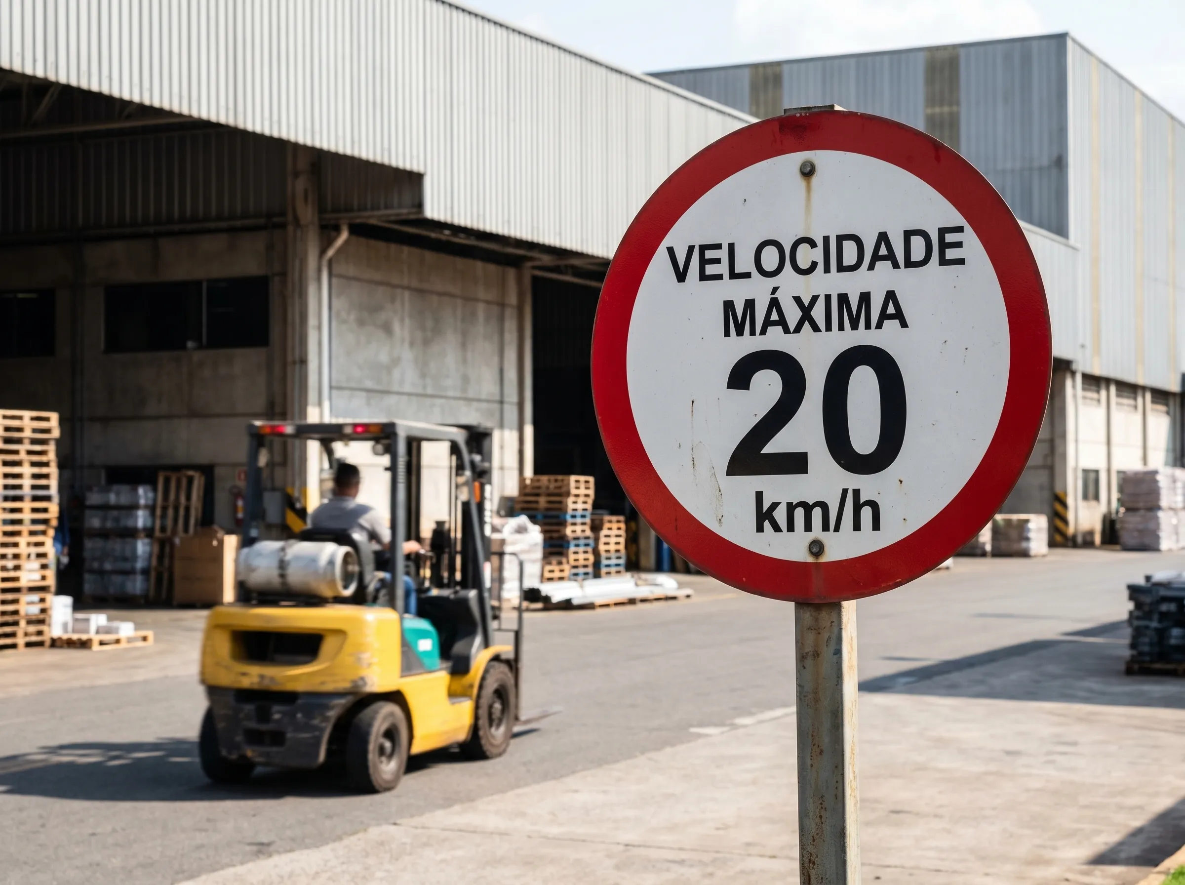 Placa de trânsito interno instalada em pátio de indústria