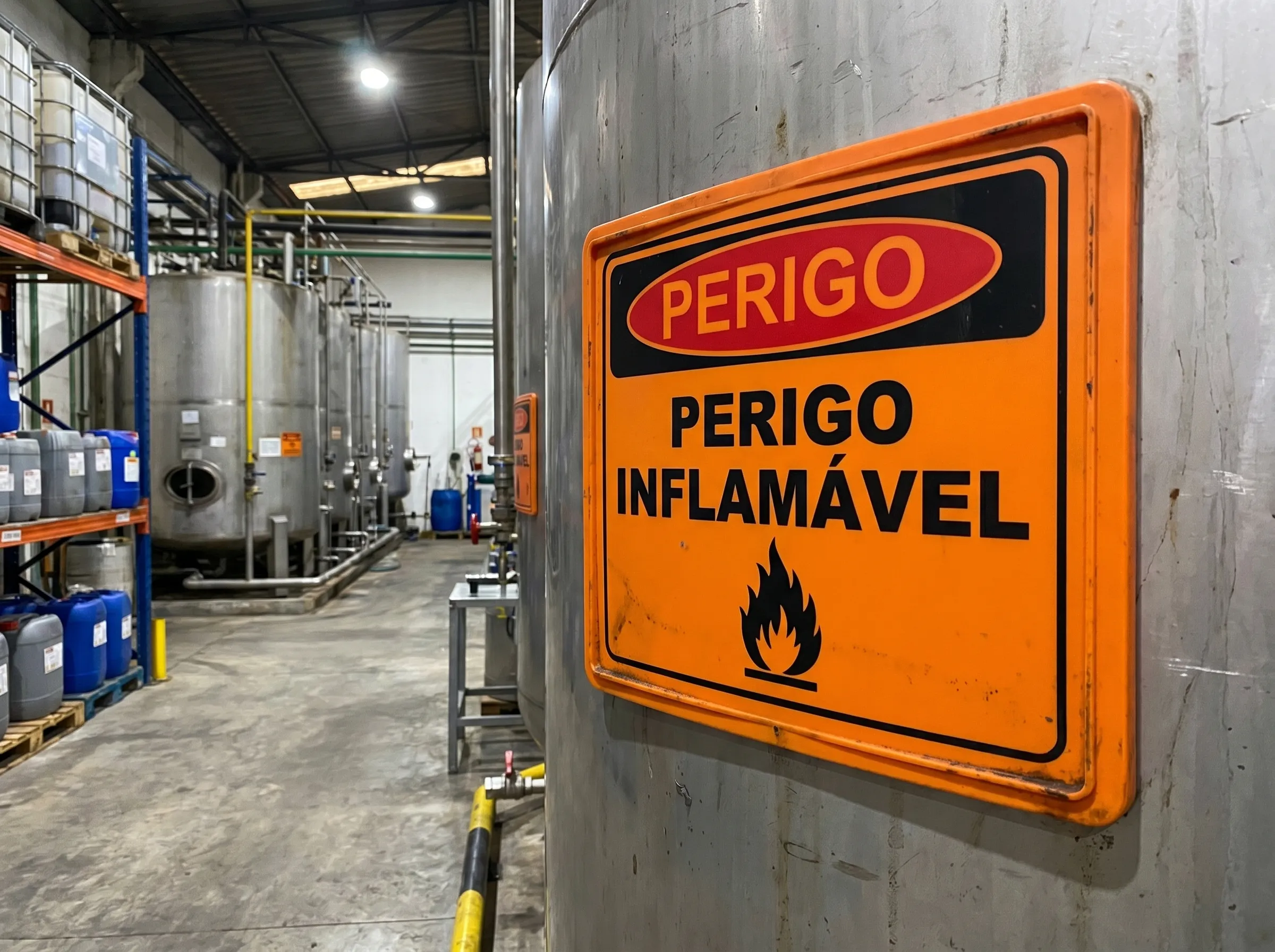 Placa laranja de perigo de material inflamável em área de produtos químicos