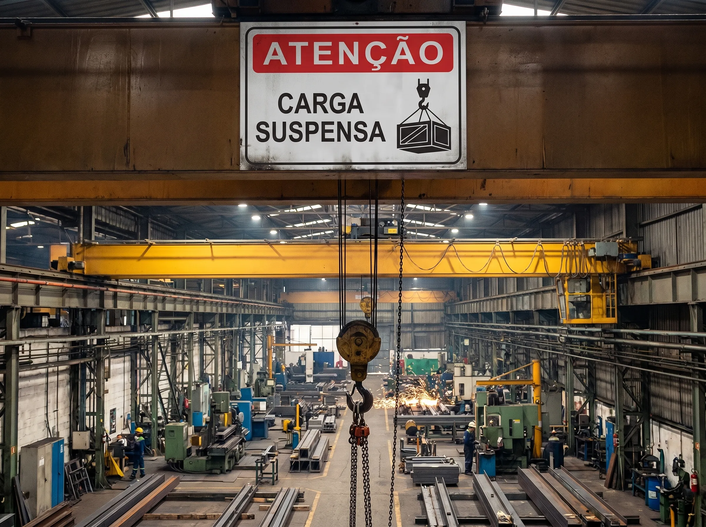 Placa vermelha de atenção de carga suspensa sob ponte rolante na fábrica