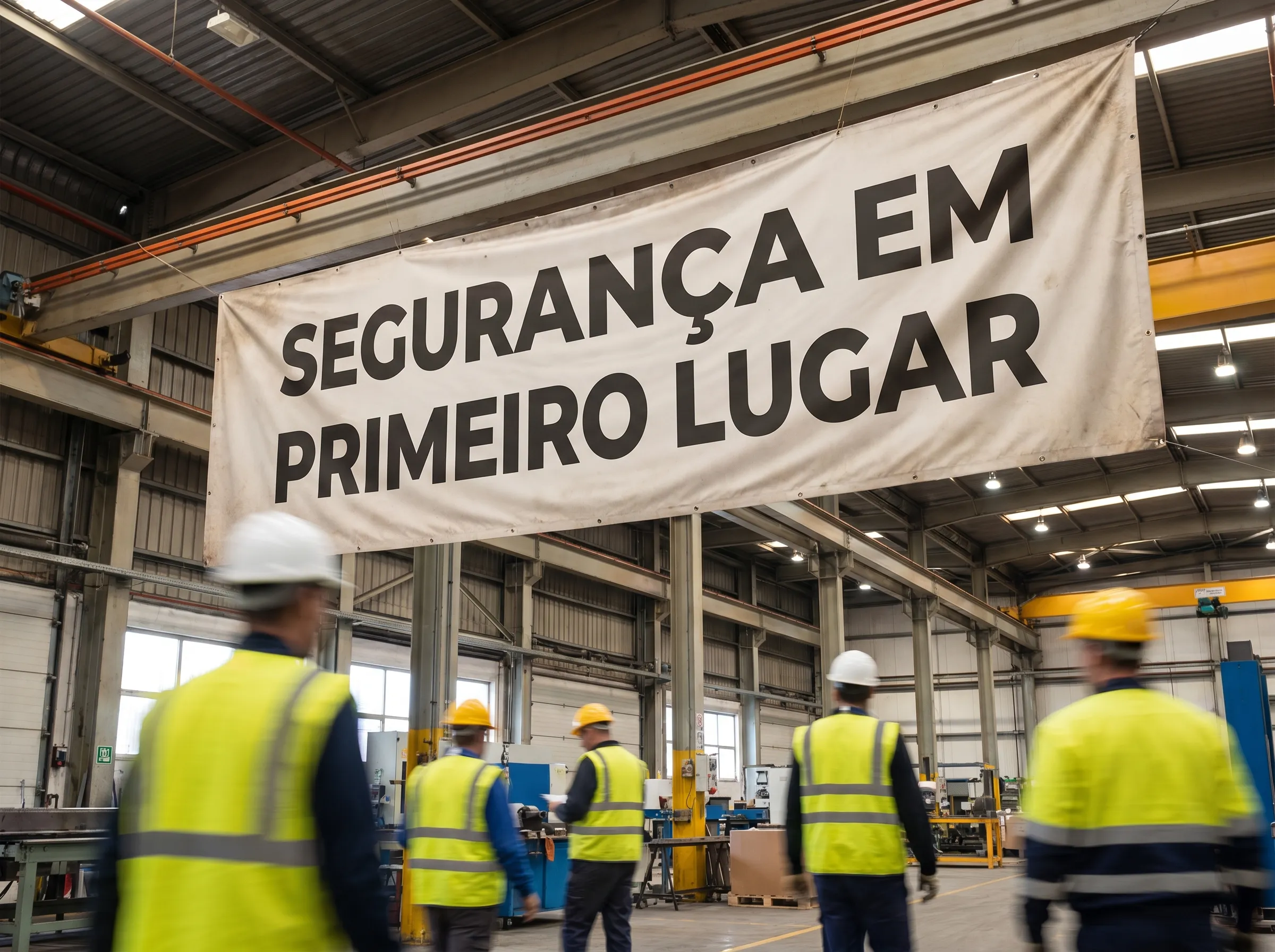 Banner de campanha de segurança instalado em galpão industrial