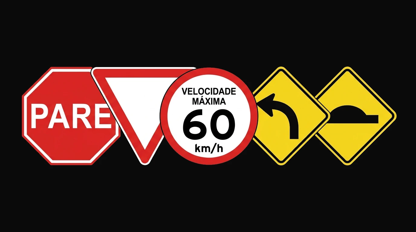 Placas de trânsito: PARE, dê a preferência, velocidade máxima 60 km/h, curva e lombada